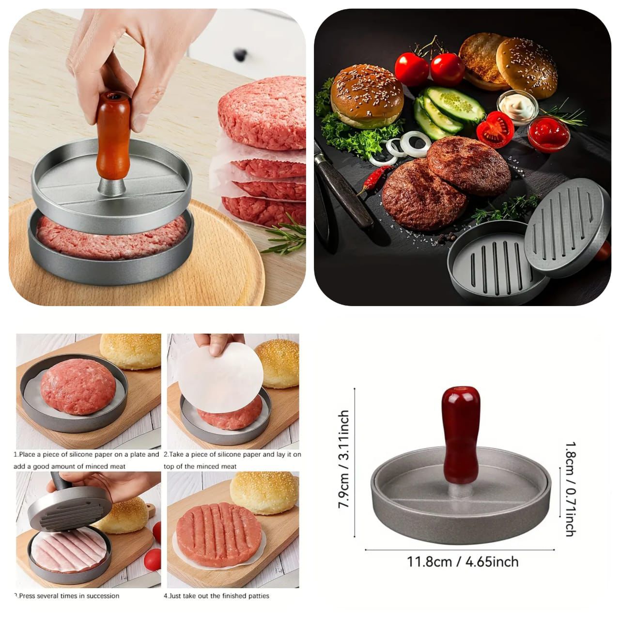 Metal Burger Patty Press with Wooden Handle