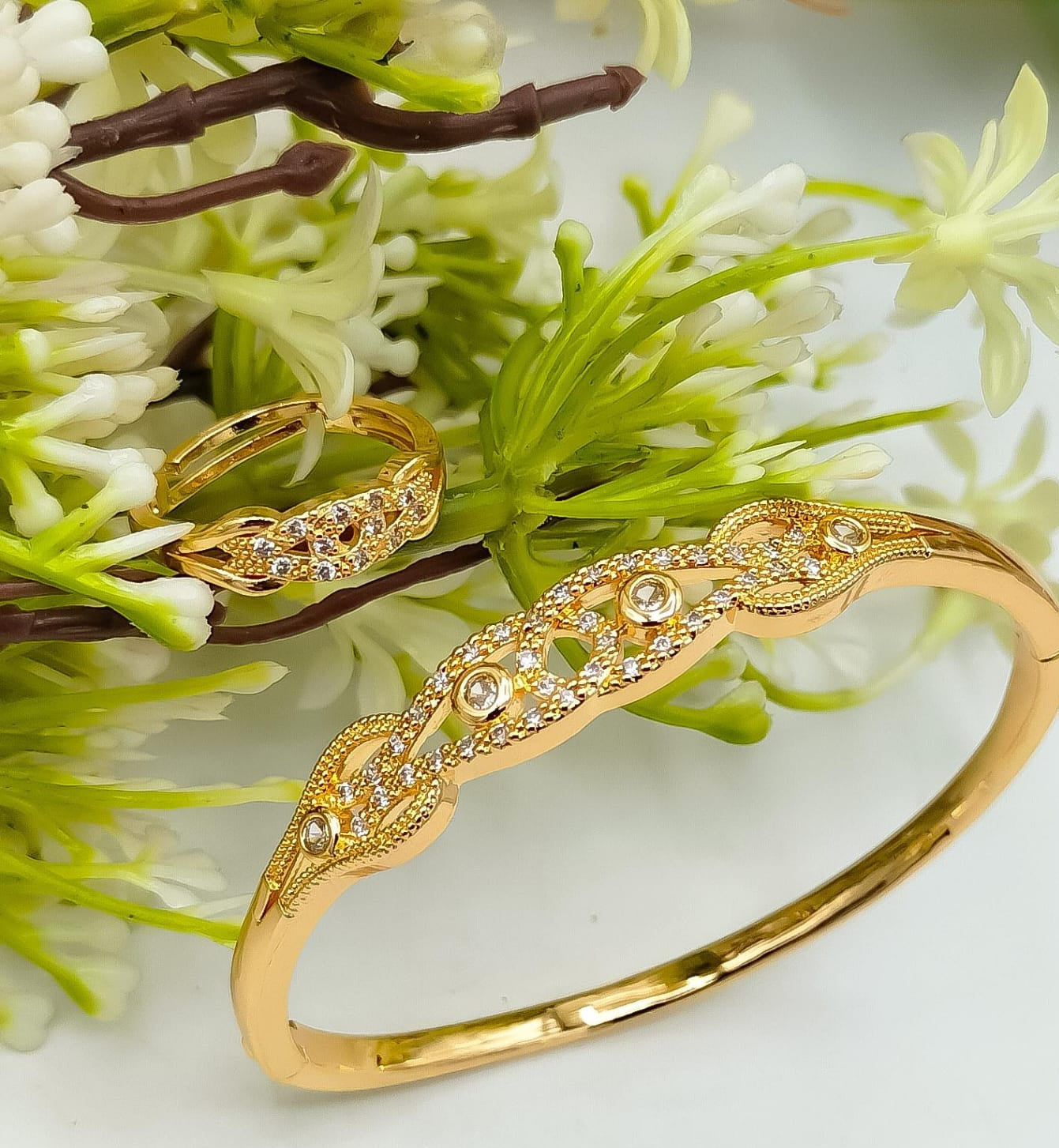 Fancy Gold Plated Bangle with Rings Set